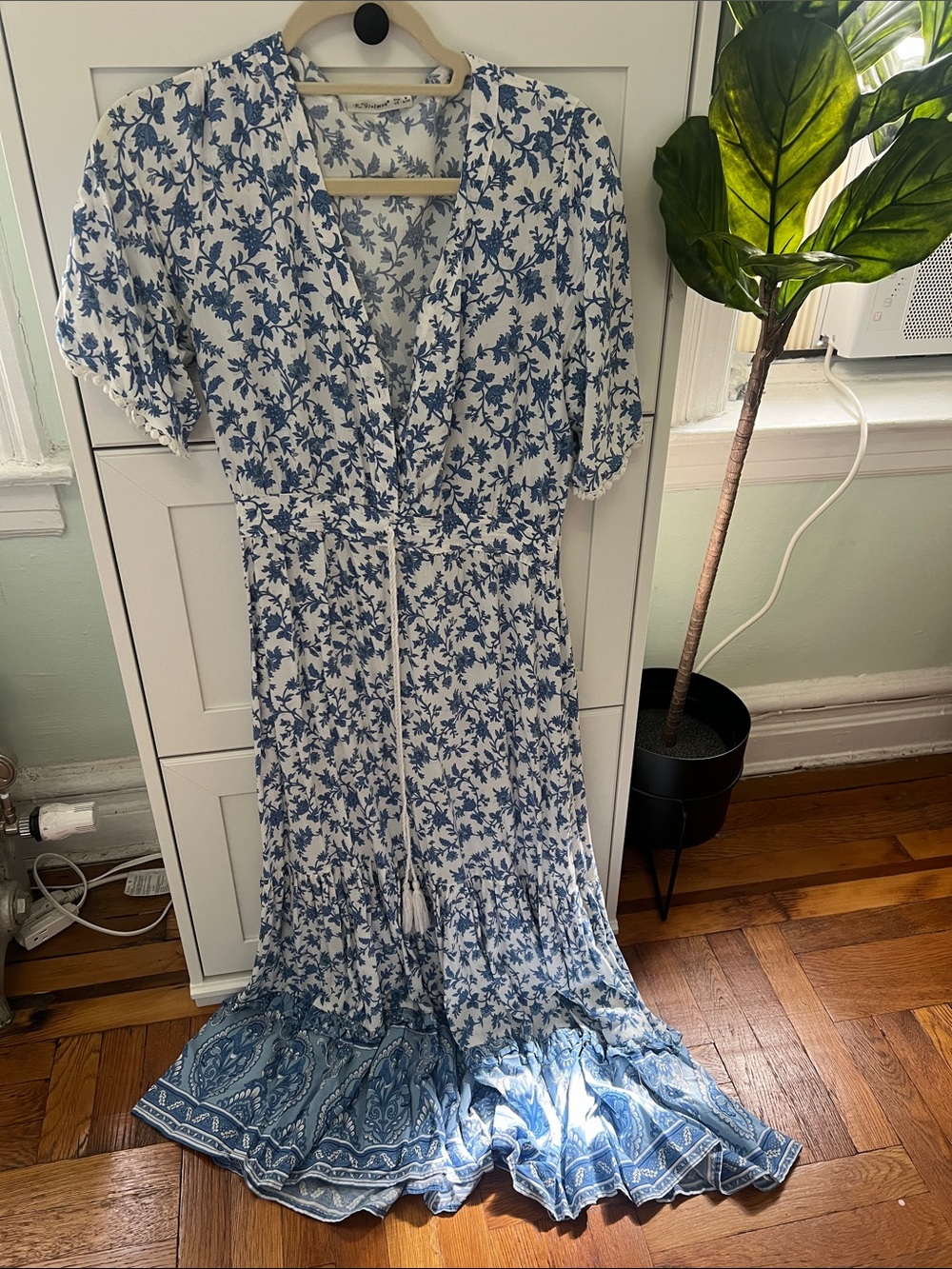 Blue Floral Maxi Dress with Tassel Tie